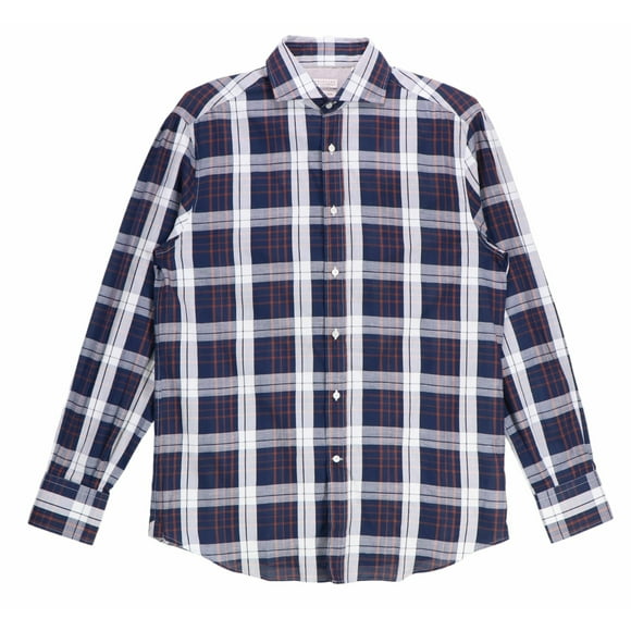 Brunello Cucinelli Men's Navy / White Orange Cotton Plaid Button-Up Dress - L