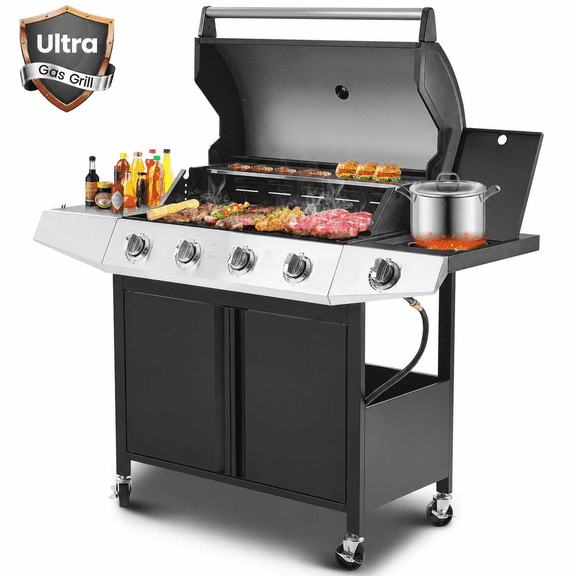 50000 BTU Gas Grills, SYNAGR Propane Grill with 566 sq.in Cooking Area, 5-Burner Stainless Steel BBQ Grill with Side Burner and Thermometer for Outdoor Party, Camping