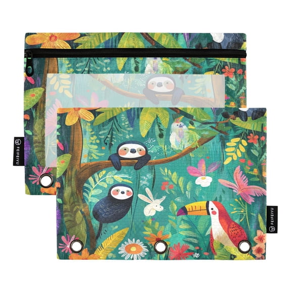 Iauyy Pencil Case for 3-Ring Binder, Transparent Window Pencil Box with Smooth Zipper, Large Capacity 3-Ring Binder Pencil Case, with 3 Reinforced Eyelet,Animals