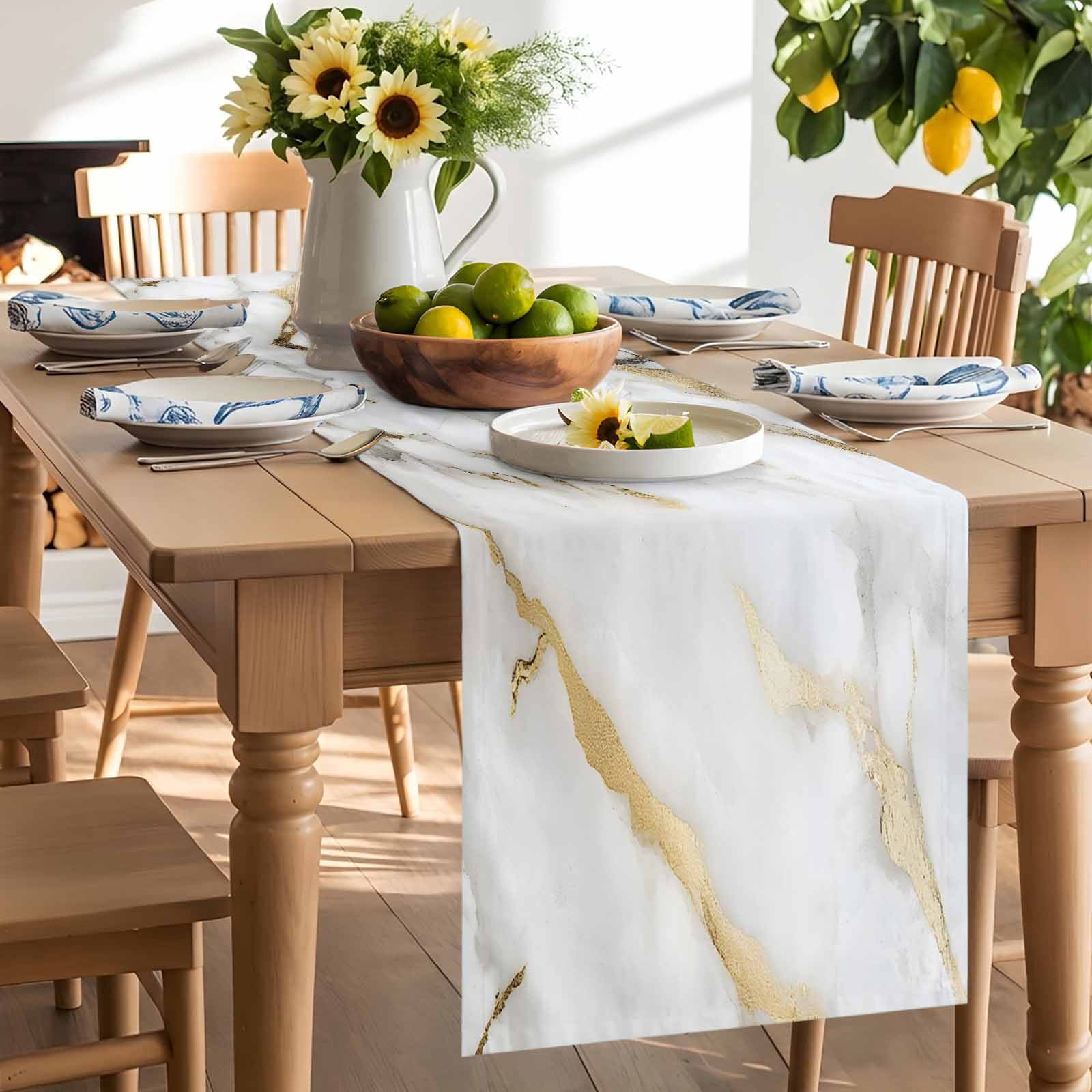 Modern Simple Marble Texture Table Runner 90 Inches Long, Abstract Golden Veins Table Runners Tabletop Scarf Kitchen Dining Tables Decoration for Home Party Indoor Outdoor