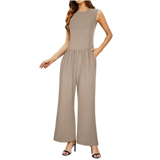 AherBiu Combinaisons pour Femmes Sans Manches Jambes Larges Col Rond Décontracté Combinaisons Amples Pantalons Salopettes avec Poches