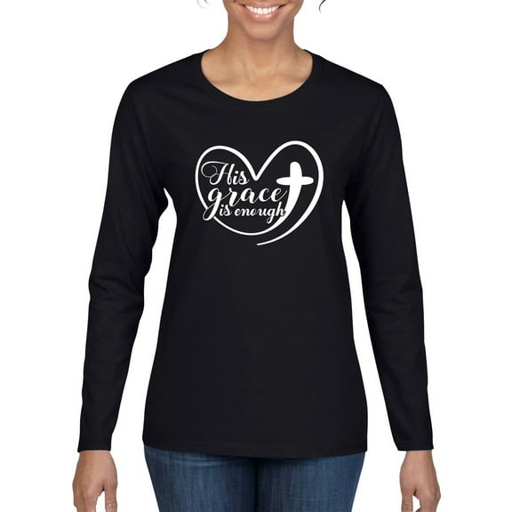 Wild Bobby His Grace Is Enough Heart Inspirational/Christian Women Graphic Long Sleeve Tee, Black, Small