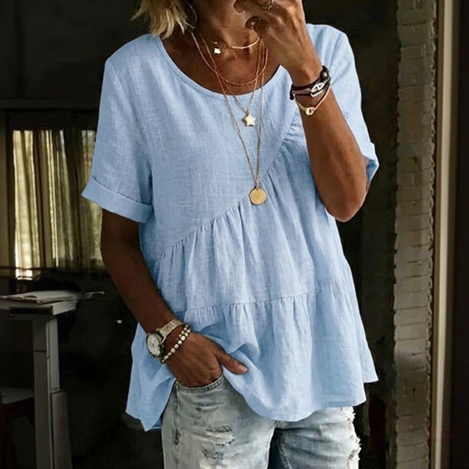 Kelon Short Sleeve Womens Linen Cotton Tops Vacation Casual Outfits Blouses Dressy Casual Summer Outfits 2026