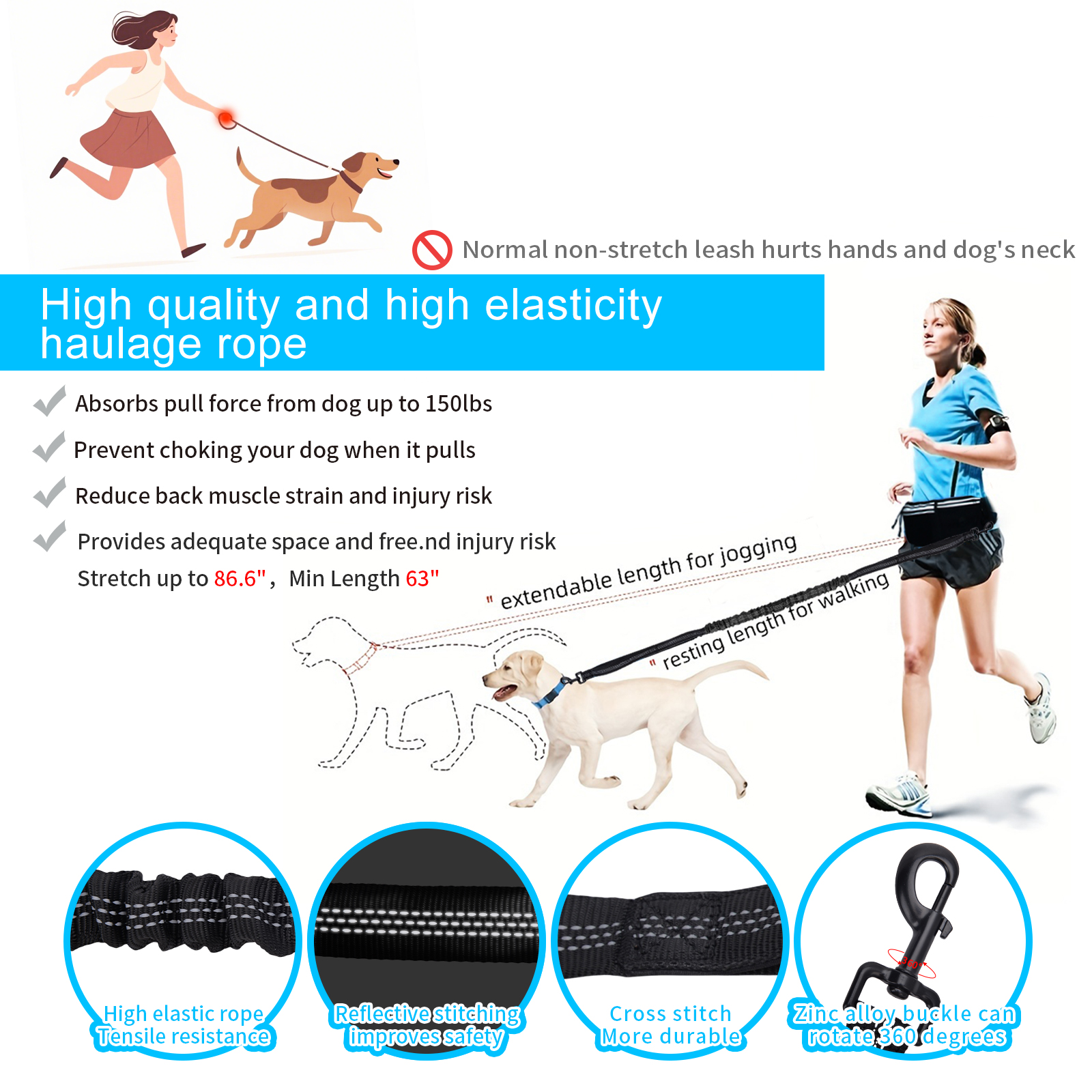 Hands Free Dog Leash with Pouch, Waist Leash for Dog Walking Bungee Leashs Reflective Dual Padded Handles, Running leashe for Dogs Large & Medium Dogs