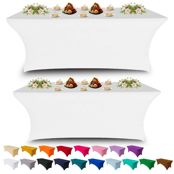 4FT Stretch Spandex Tablecloth Rectangular Fitted Table Cover for Standard Folding Tables, Universal Fit White Tablecloth for Wedding, Trade Show, Vendor Stand (White,2-Pack)