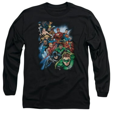 JLA Justice League Heroes Unite  Long Sleeve Adult 18/1 T-Shirt Black
