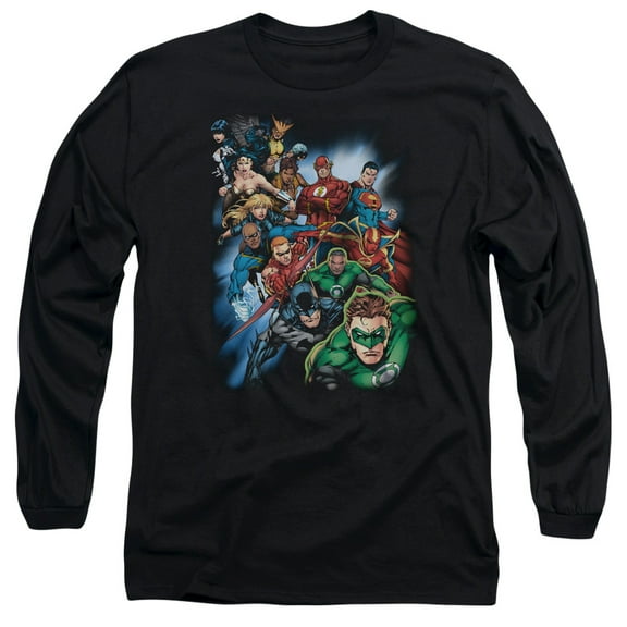 JLA Justice League Heroes Unite  Long Sleeve Adult 18/1 T-Shirt Black