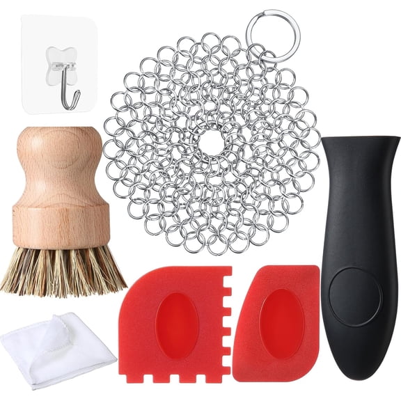 7 Pieces Cast Iron Cleaner Set Include Stainless Steel Chainmail Scrubber with Bamboo Dish Scrub Brush Hot Handle Holder 2 Pan Grill Scrapers Kitchen Towel Wall Hook