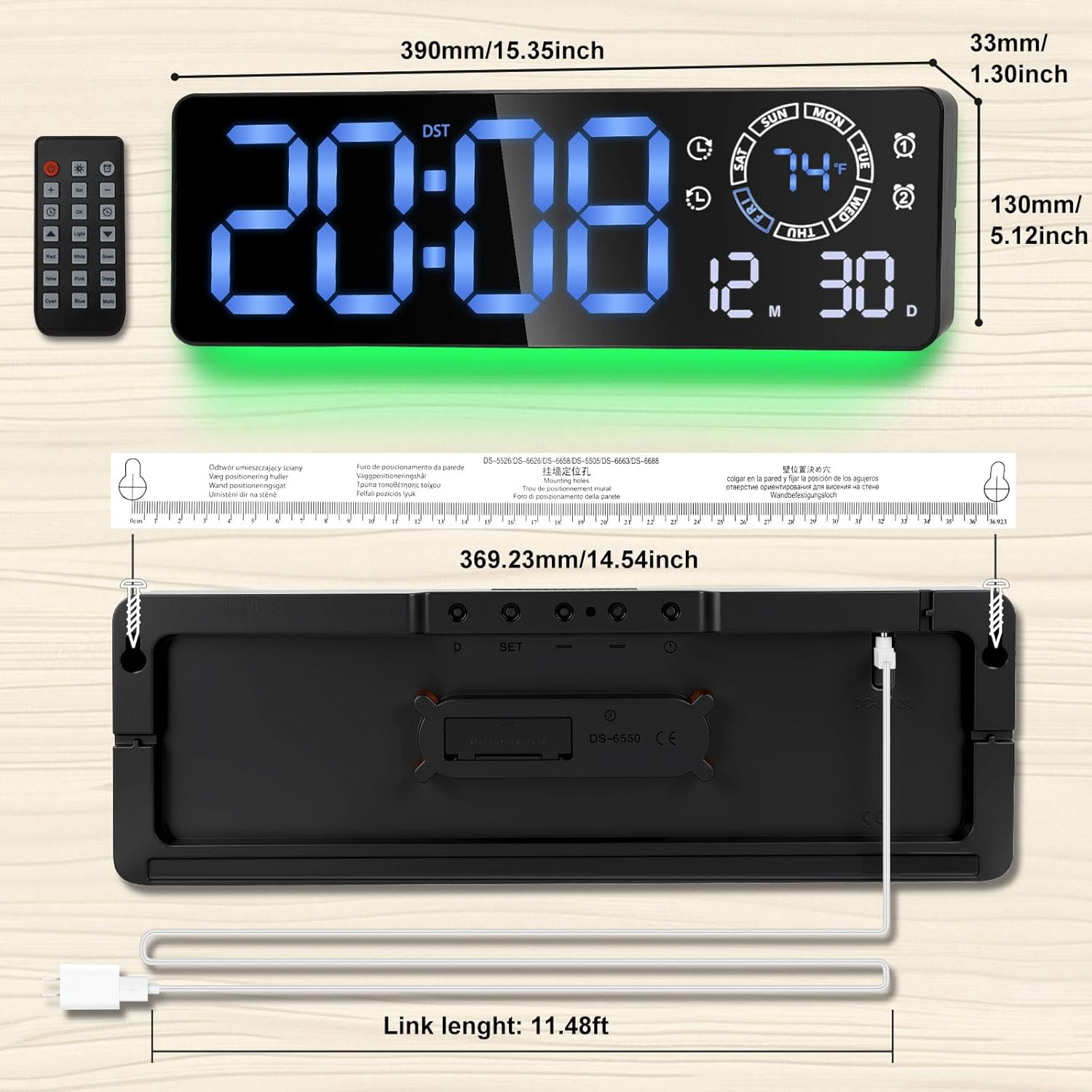 16-inch Jumbo Display Digital Clock with Remote, Auto-Dim & Night Light, Electronic Calendar Wall Clock (Date, Week, Temp) for Elderly, Bedroom, Living Room