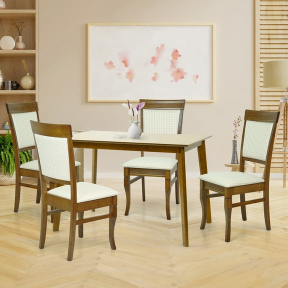 Wooden 5 Piece Dining Table Set, 4 Classic Style Solid Wood Ronda Upholstered Chairs w Palmer Rectangular Dining Table, Kitchen Set for four, Living Room Set, Medium Brown Color