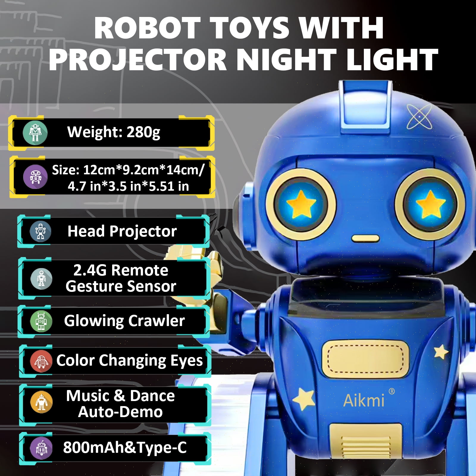 Aikmi Robot Toys for Kids 5-8, Rechargeable Remote Control Robot with Projector Night Light for Kids, Gesture Sensor, Music, Toys for 6 Year Old Boys Girls Birthday Present Christmas Gifts Boys Toys