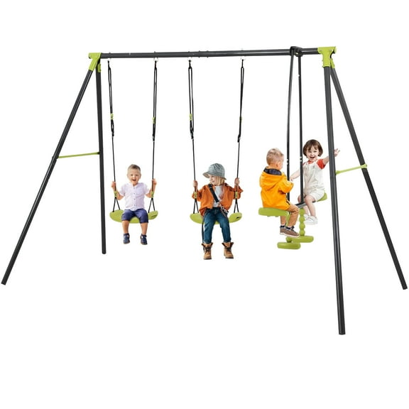 iRerts Outdoor Swing Sets for Kids, 3 in 1 Metal Swing Set with 2 Single Swings and 1 Swing Glider, Kids Playground Set for Backyard Garden Park, Kids Backyard Swing Set for Boys Girls