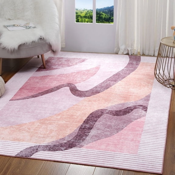 Junovo Abstract Rug Low-Pile Soft Rugs for Living Room Floor Carpet,4'x6',Pink