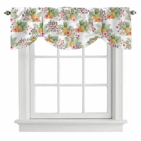 Summer Pineapple Tie Up Valance Curtains Pink Orange Flowers Green Leaves Tropical Plant Adjustable Light Filtering Tie Up Valance Small Window Shade for Kitchen Bedroom Cafe 42 W x 12 L
