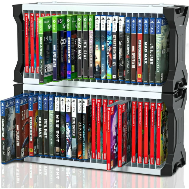 Torre de almacenamiento para videojuegos, estante vertical u horizontal compatible con juegos de PS5, PS4 o Xbox, con capacidad para hasta 46 cajas de CD, incluyendo 2 ganchos para auriculares