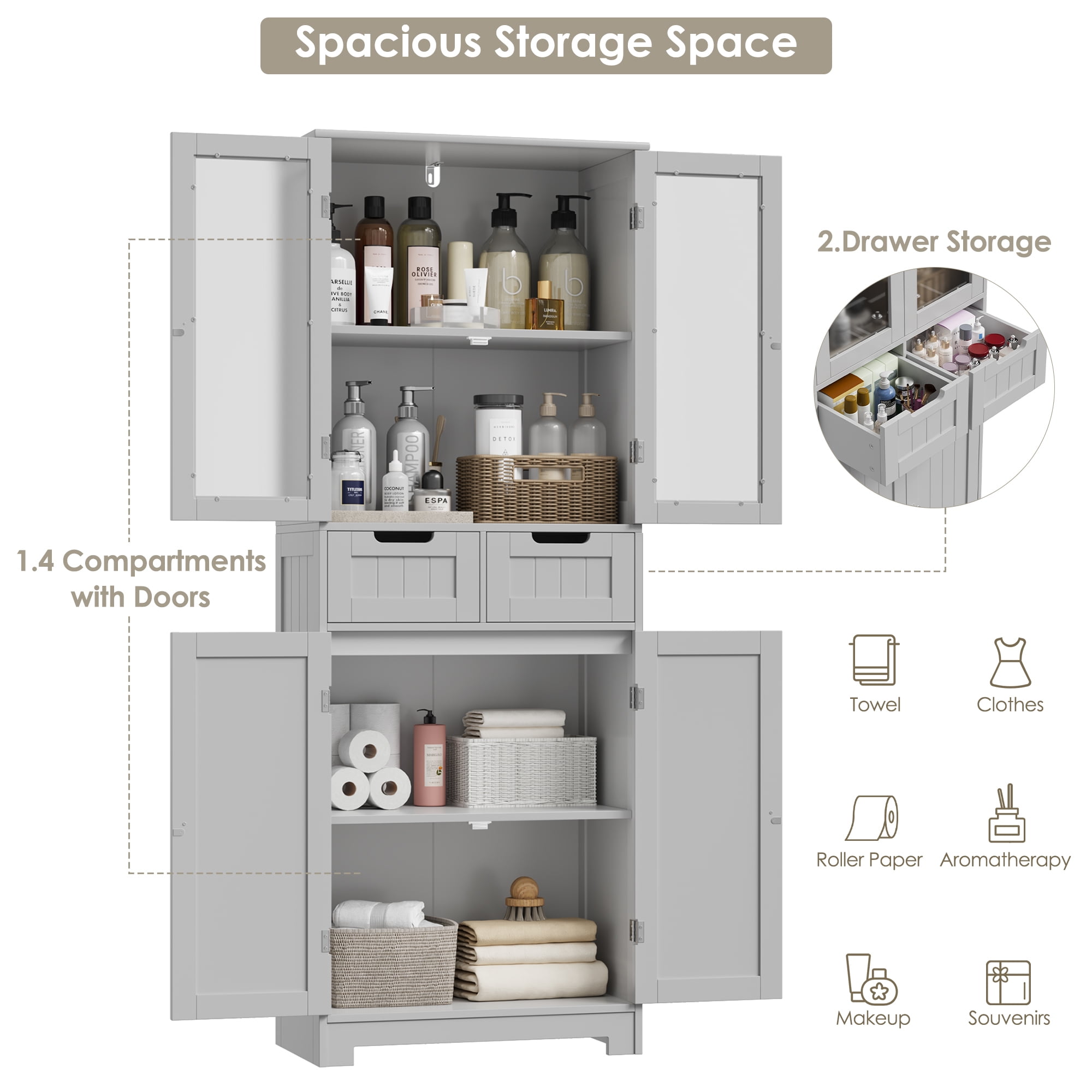Homfa 4 Doors Bathroom Cabinet, 3-Tier Wood Tall Linen Storage Cabinet with 2 Drawers for Living Room, Gray