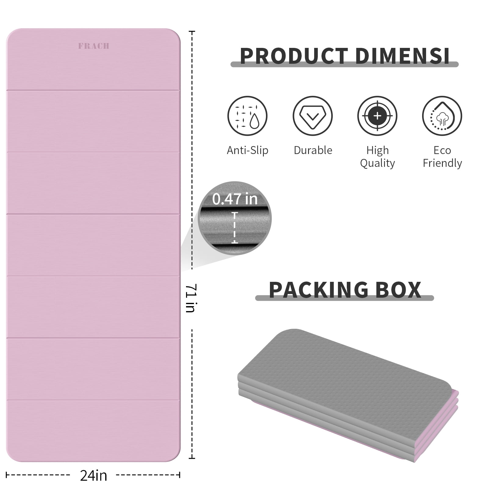 Frach Foldable Yoga Mat Extra Thick 0.5",Non-Toxic Odorless Joint Support for Beginner,Gymnastics Mat for Indoor and Outdoor(Purple+Gray)