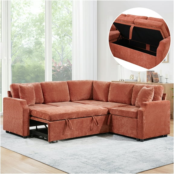 JERFIT Modern L-Shaped Sectional Sofa Bed with Pull-Out Sleeper, Hidden Storage, and Soft Chenille Upholstery in Vibrant Orange for Living Room