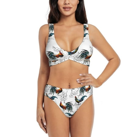 Zeuib Cool Chicken High Waisted Tummy Control Bikini Set - Knot Front Push Up Top & Cheeky Thong Bottom  Two-Piece Swimsuit for Women-Small
