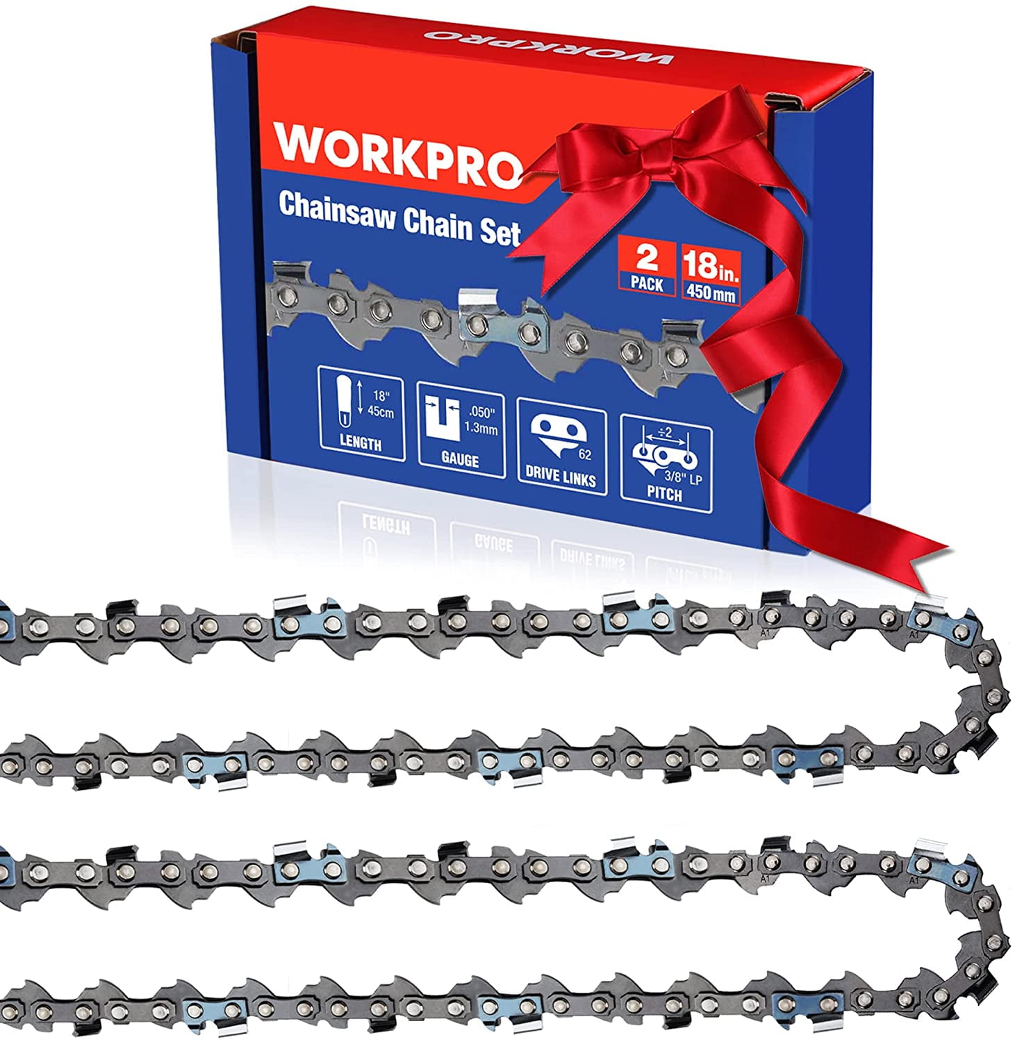 WORKPRO 2Pack 18 inch Chainsaw Chain, 3/8"Pitch, 62 Drive Links Wood