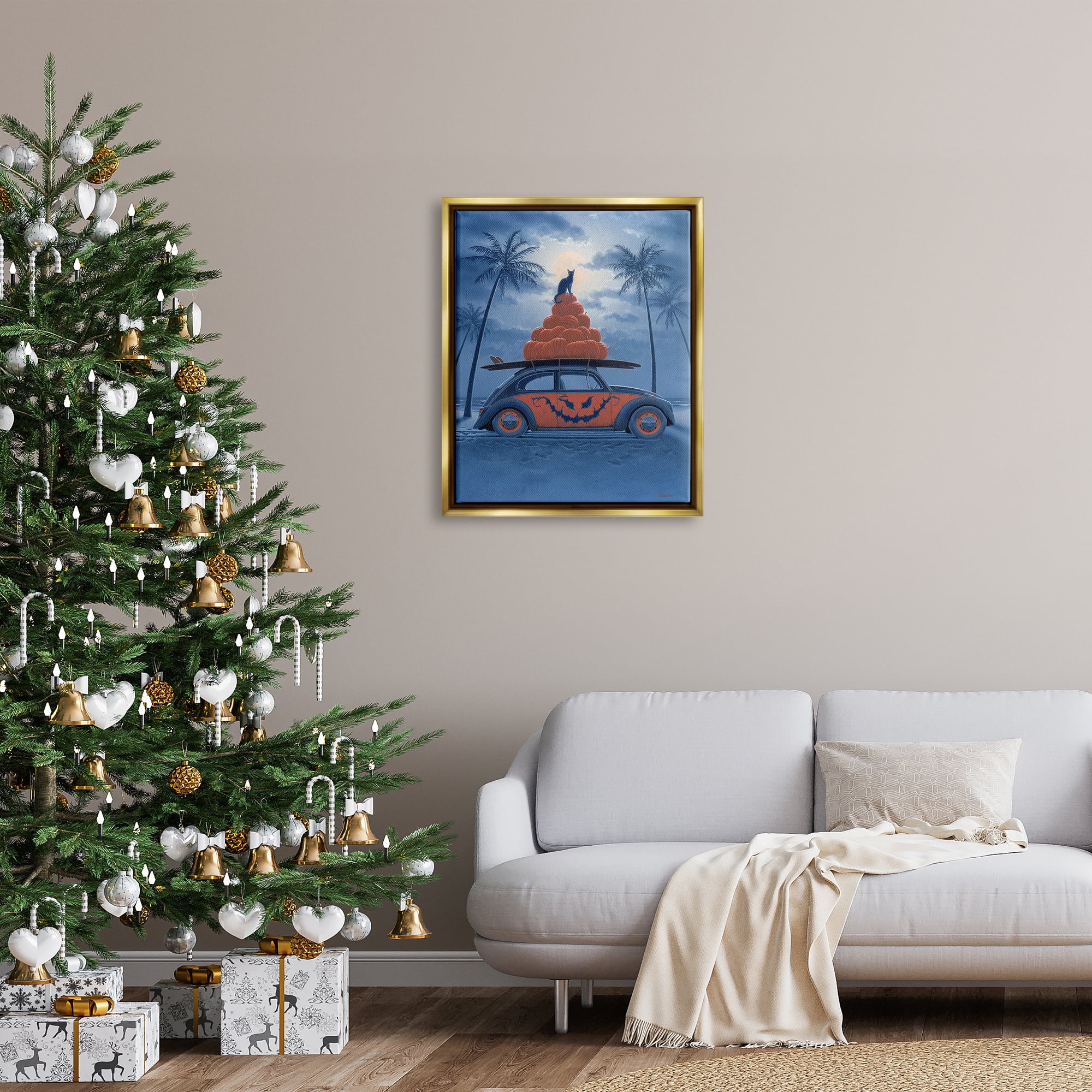 Stupell Industries Spooky Tropical Beach Pumpkin Car Holiday Painting Gold Floater Framed Art Print Wall Art