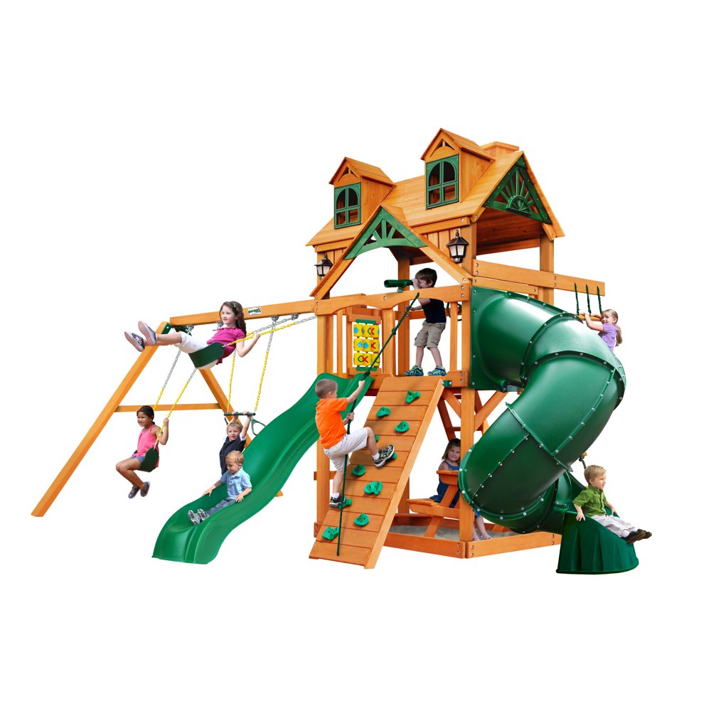 Gorilla Playsets Mountaineer Wooden Swing Set with Malibu Wood Roof, 2
