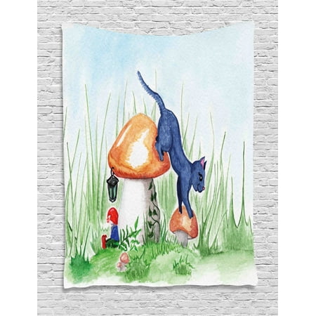 Mushroom Garden Art Animal Decor Tapestry, Little Cartoon Cat Black in a Mushroom Garden with Leaves and Flowers Art, Wall Hanging for Bedroom Living Room Dorm Decor, 40W X 60L Inches, Multicolor, by Ambesonne ()