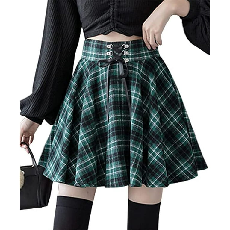 Pleated green top plaid mini skirt