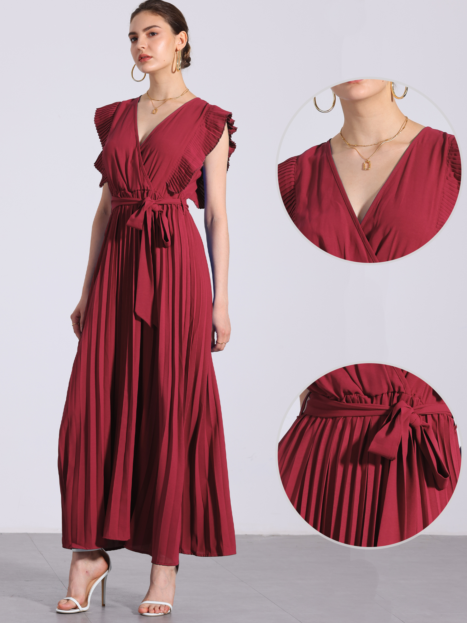 DARING DIVA Maxi Ruffled Sleeve V Neck Pleated Dress 2XL Red