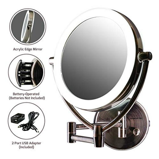 Ovente Led Lighted Wall Mount Makeup Mirror 7 5 Inch Battery Or Usb Adapter Operated 1x 10x Magnification Antique Brass Mlw75ab
