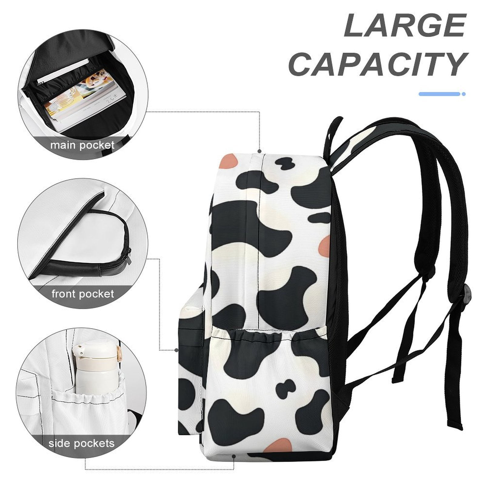 Large Capacity Half Print Backpack 11.8×16.5×5.9in Multifunctional Zipper Design Convenient Switch Simple Cow Print Pattern1_3
