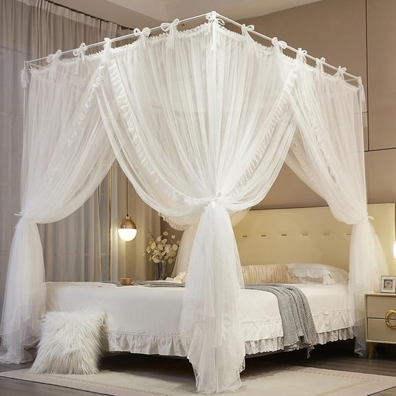 4 Corners Post Princess Curtain Bed Canopy Lace Up Double Layer 4 Opening Mosquito Net Mesh for Girls Bedroom Decoration(White, 59" W*82" L*82" H/Queen)