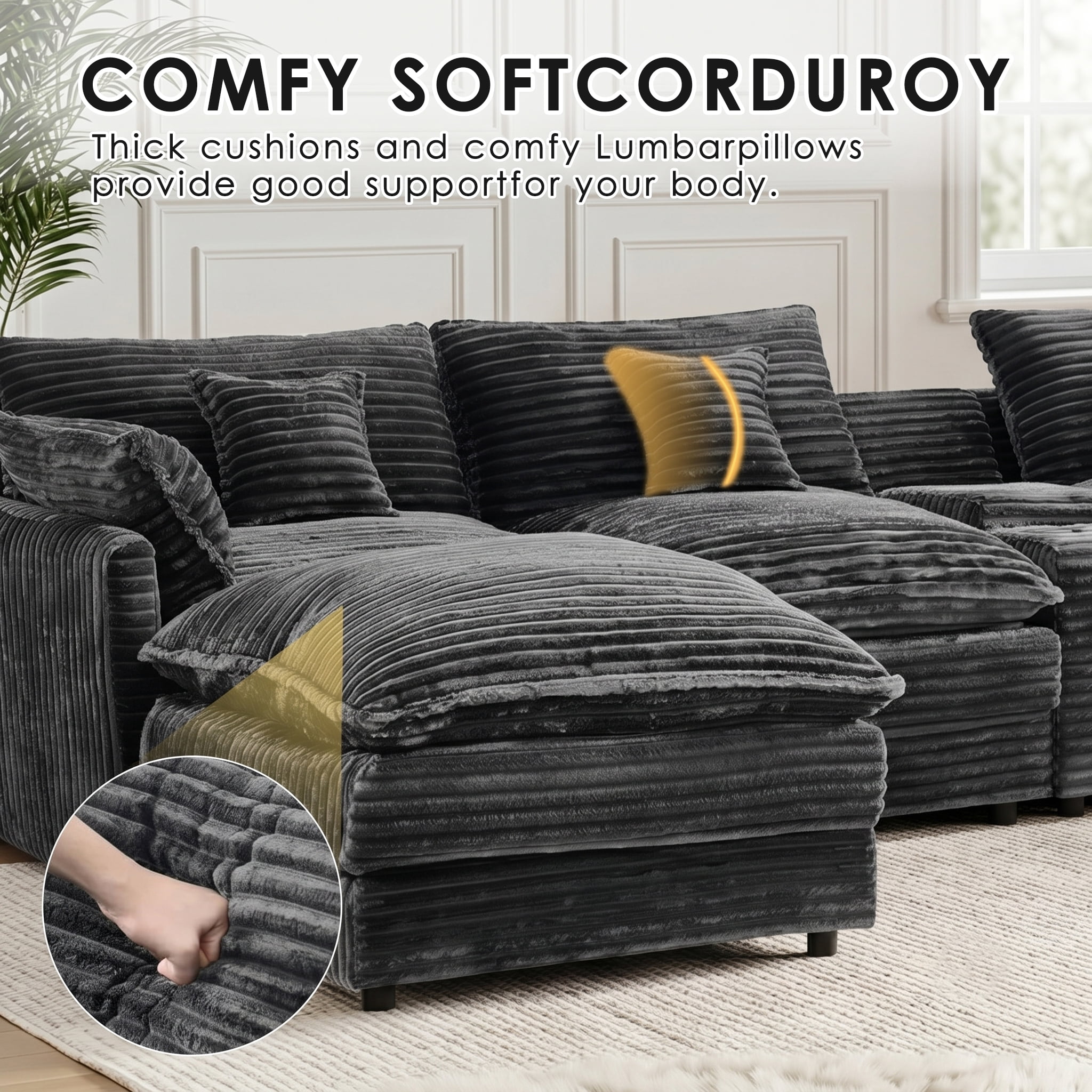 ANPPORT Luxury 145" U Shaped Cloud Modular Sectional Sofa, Corduroy Deep Seat Couch with Storage Console, USB Ports & Cup Holders for Living Room, Grey