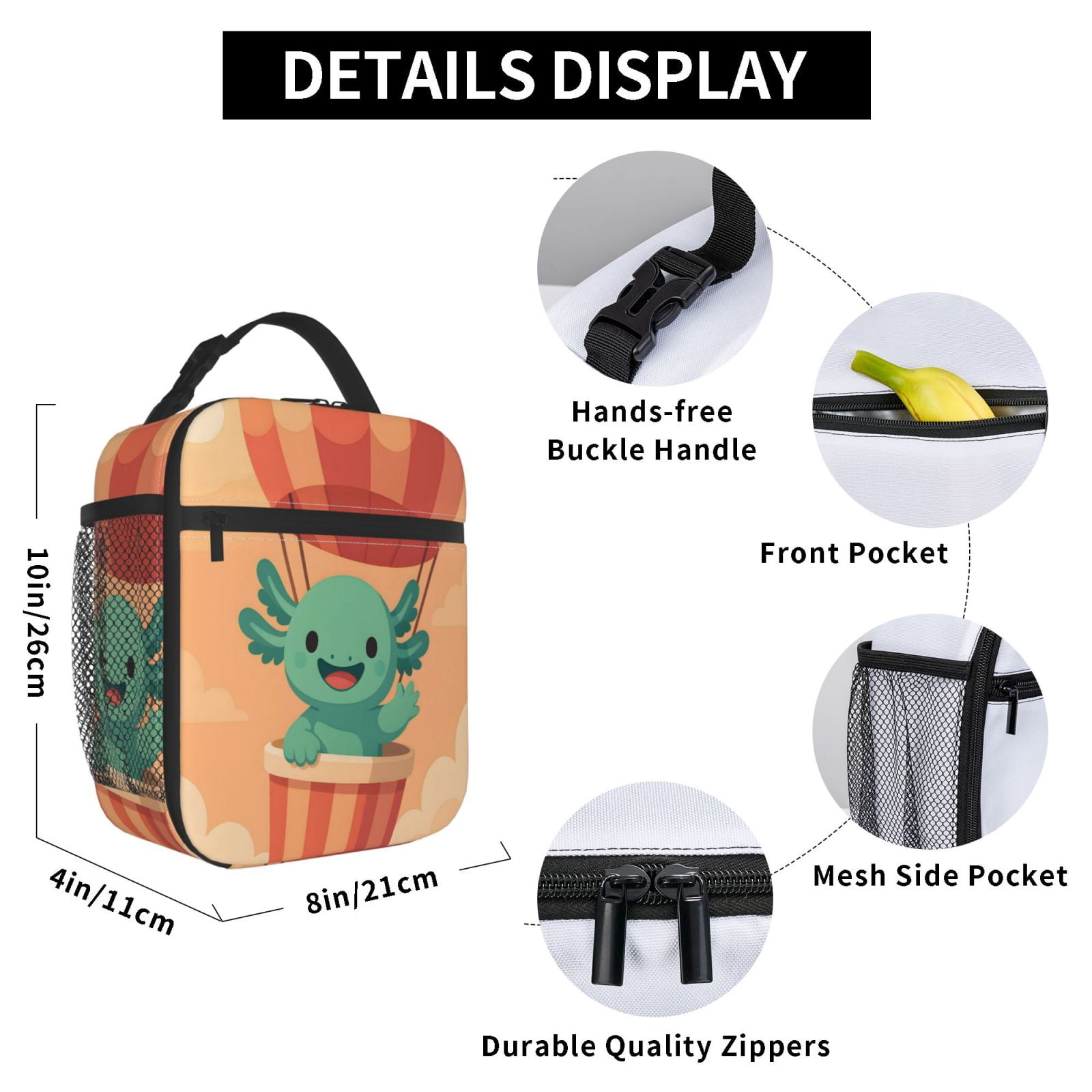 Lunch Bag For Women Men Insulated Portable Lunch Box Bento Box Office Picnic Travel Cooler Bag Axolotl Rides A Hot Air Balloon