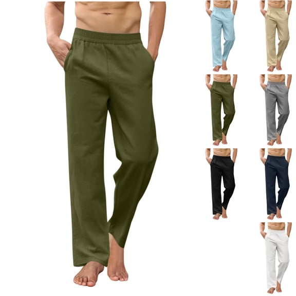 Facnwert Man Solid-Color Loose Elasticity Casual Multi-Pocket Yoga Linen Athletic Stretchy Pants Everyday Pants