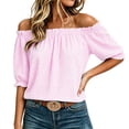 thumbnail image 2 of Ayolanni Short Sleeve 2026 Vacation Clothes Plaid V-Neck Elastic Ruffled Blouse Puff Off the Shoulder Casual Loose T-Shirt Womens Tees Pink XXXL, 2 of 8