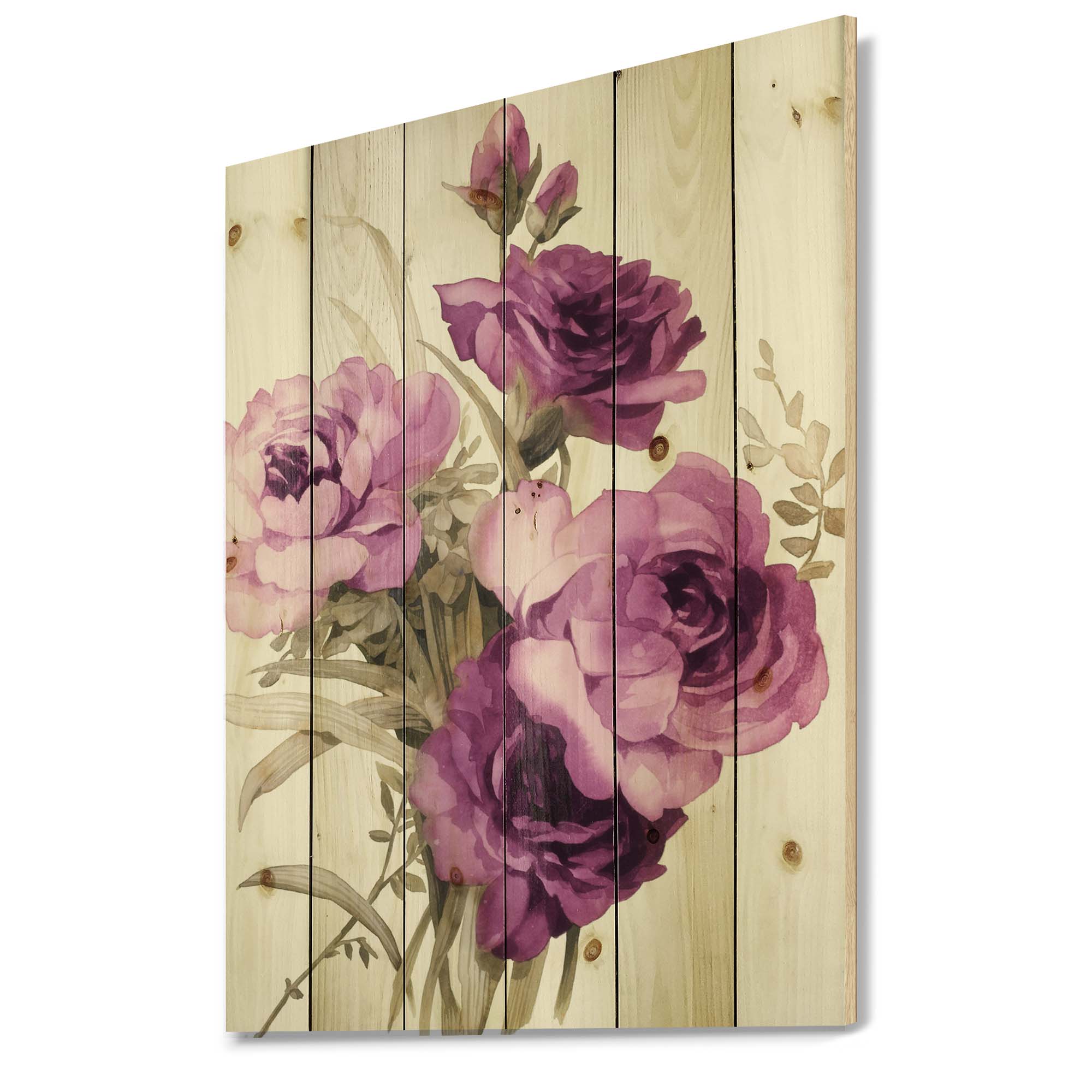 Designart 'Bouquet of Dark Pink Roses' Traditional Print on Natural Pine Wood