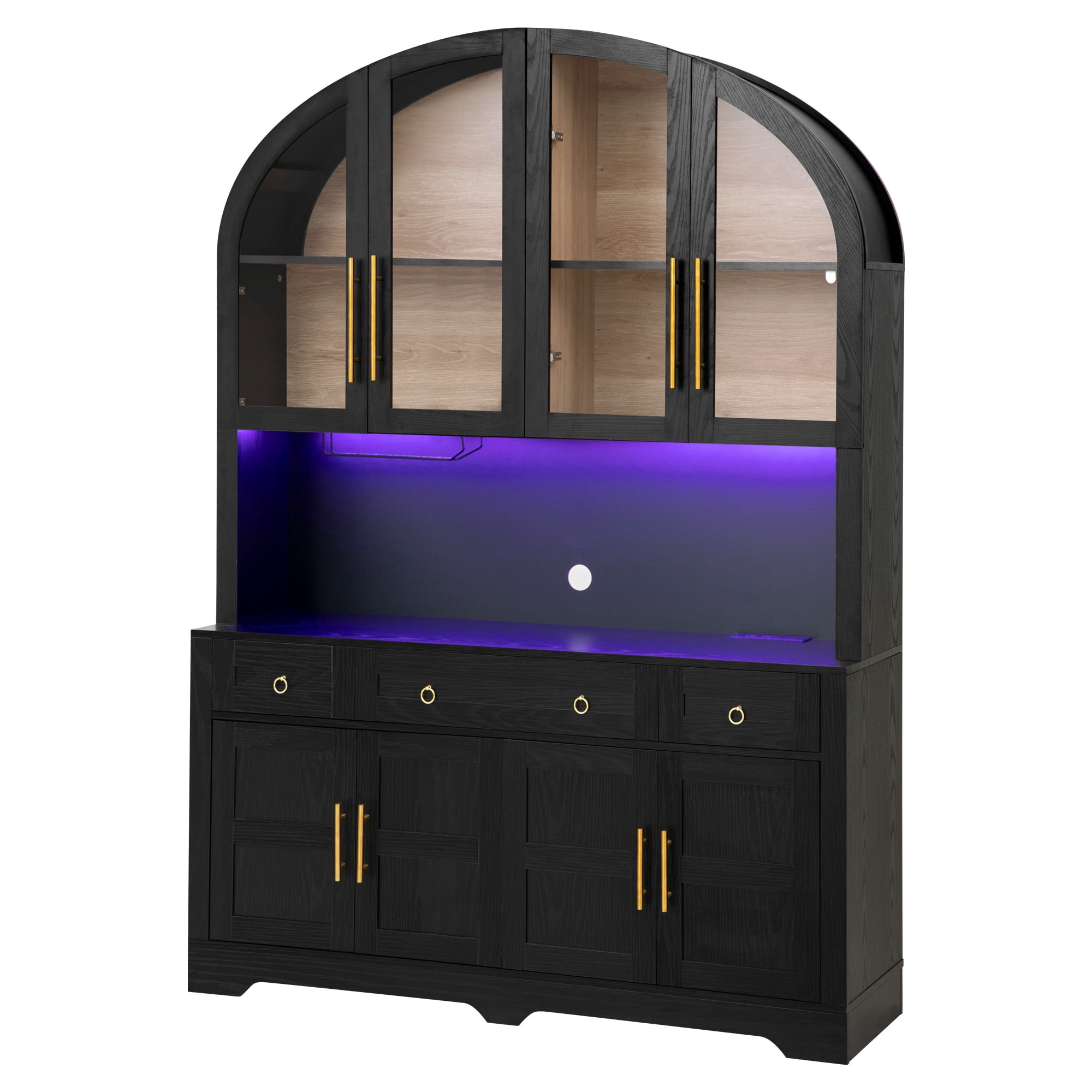 Aukfa 75.6"H Large Tall Kitchen Pantry Cabinet with Hutch, Arched Glass Doors, Built-In Charging Station & Smart LED Light,Black