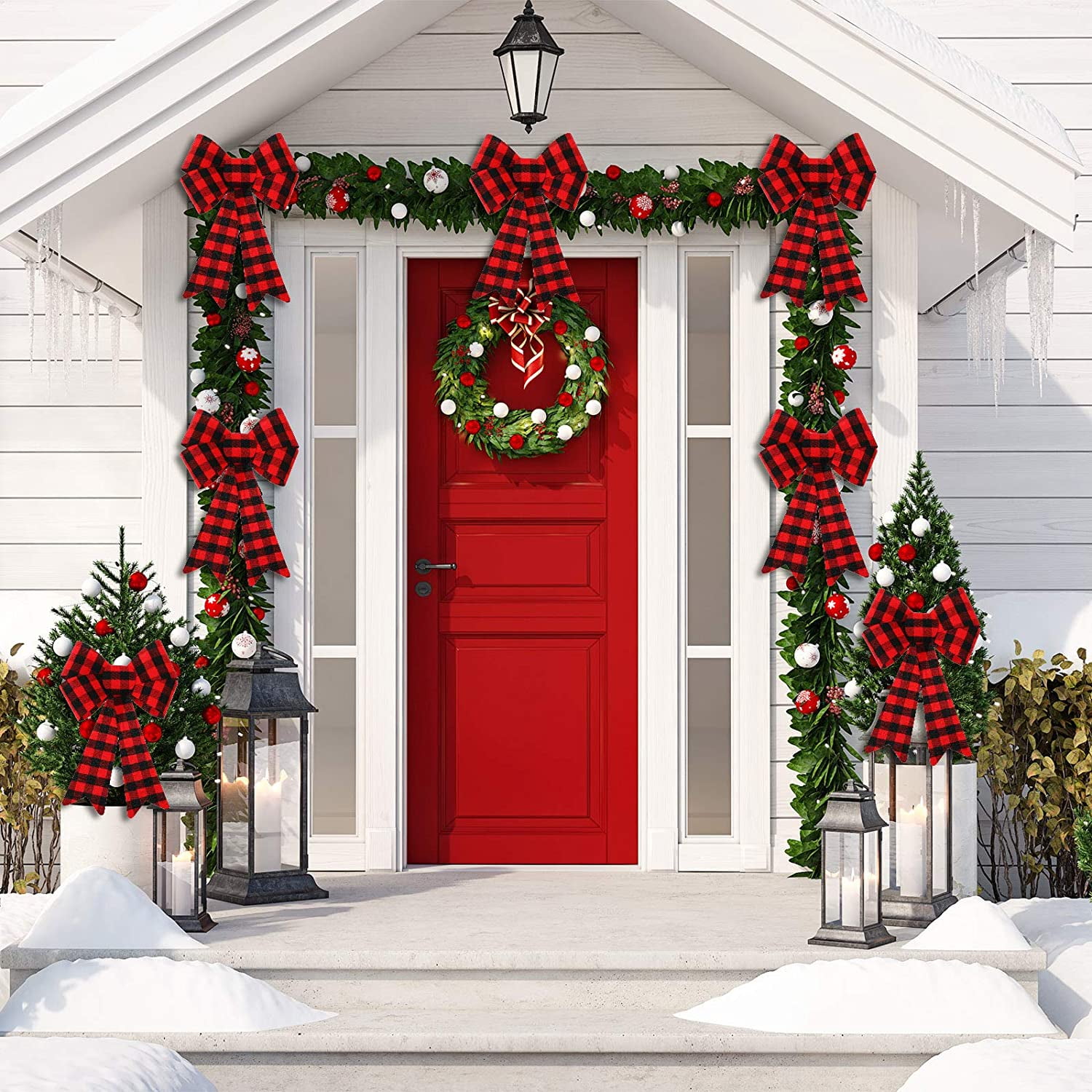 6 Pieces Large Christmas Wreath Bow Buffalo Plaid Christmas Bow PVC Plastic Xmas Plaid Check Wrapping Bow for Christmas Indoor Outdoor Decorations - Red and Black