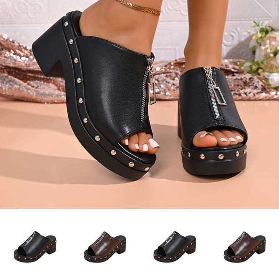 Hinvhai Womens Trendy Sandals Open Toe Fashion Spring Platform Plus Size Dressy Peep Toe Summer Leather Thick Heel Slippers Brown 9.5(43)