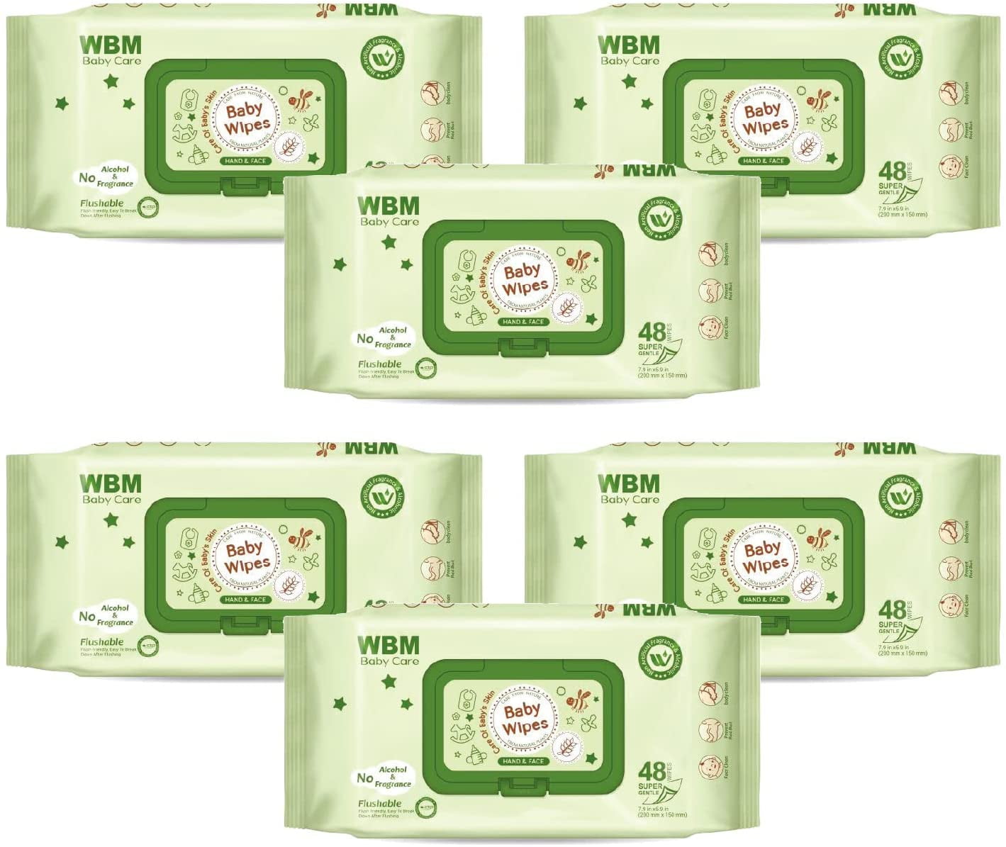 WBM International Unscented Baby Wipes-6 Flip-Top Pack, 6 Pack, (288 Total)