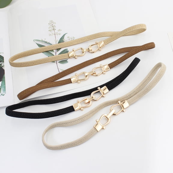 FCLoft Women's Skinny Elastic Belt - Retro Leather Golden Buckle Adjustable Waist Belt for Dresses Jeans Pants