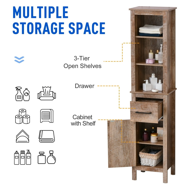kleankin Narrow Bathroom Storage Cabinet with Drawer and 5 Tier Shelf, Tall  Cupboard Freestanding Linen Towel