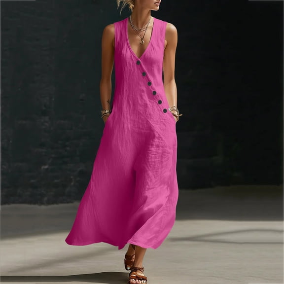 Nuoqisi Women's Summer Sleeveless Cotton Button Down Tank Dress Loose A-Line Tiered Tunic Beach Dress