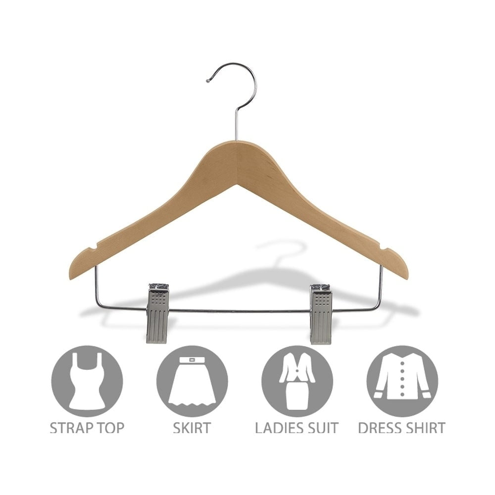 International Hanger Wooden Junior Combo Hanger, Natural Finish with Chrome Hardware, Box of 50