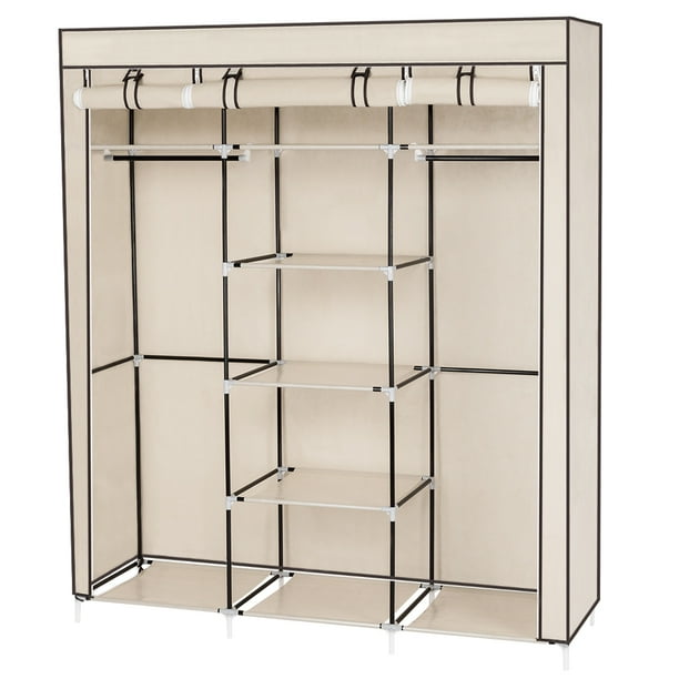 Delightful clothes closet walmart 69 Portable Clothes Closet Non Woven Fabric Wardrobe Double Rod Storage Organizer Beige Walmart Com