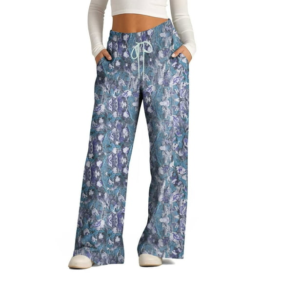 USNSM Women's Linen Pants High Waist Comfy Baggy Casual Pants Drawstring Stretch Lightweight Loose Trousers With Pockets Blue S