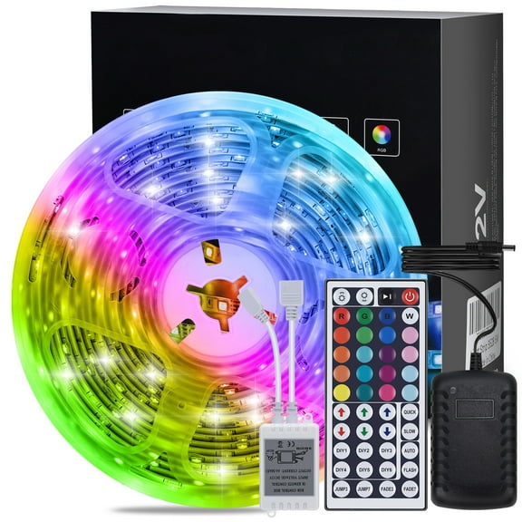 LED Light Strip, 16.4ft 5m RGB Color Changing 3528 300 LEDs with 44 Keys IR Remote for Home, Bedroom, Kitchen, DIY Decoration