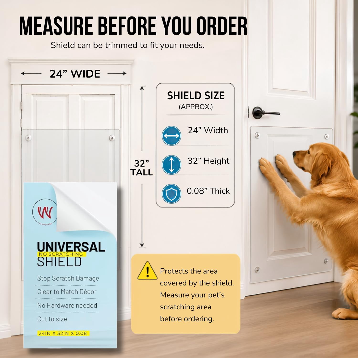 CLAWGUARD Plexiglass Universal Scratch Shield for Dogs & Cats, Clear Door & Wall Scratch Protector, Pet Scratch Guard for Doors, Furniture & Screens, Easy Install with Tabs, 32 x 24 in