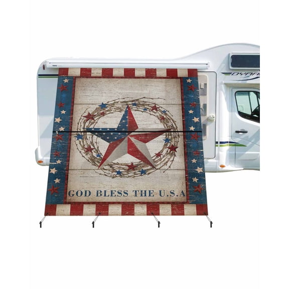 4th of July RV Awning Sun Shade Screen 9'X7' Rustic American Barn Star Stripes Mesh Sunscreen Wood Grain Awning Shade Screen with Zipper UV Blocker Completed Kits for RV Motorhome Camper